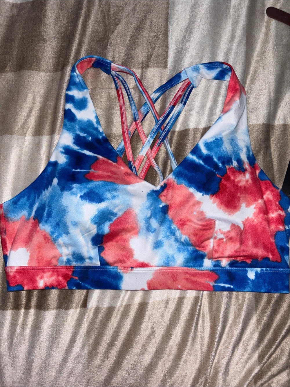 Crisscross Back Tie-Dye Sports Bra - Red & Blue
